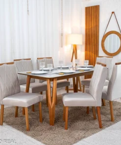 Mesa de Jantar Siena 160x90 Vidro Off/Base Madeira + 6 Cad. Lisboa Veludo Bege 512 Madeira Art Assento - Entregue Montada