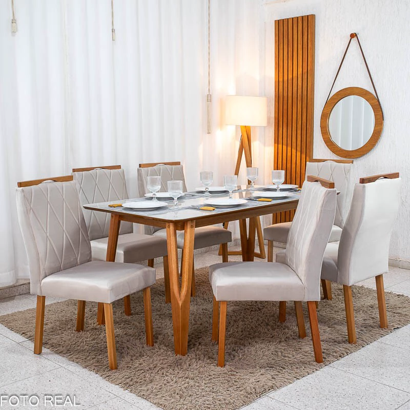 Mesa de Jantar Siena 160x90 Vidro Off/Base Madeira + 6 Cad. Lisboa Veludo Bege 512 Madeira Art Assento - Entregue Montada