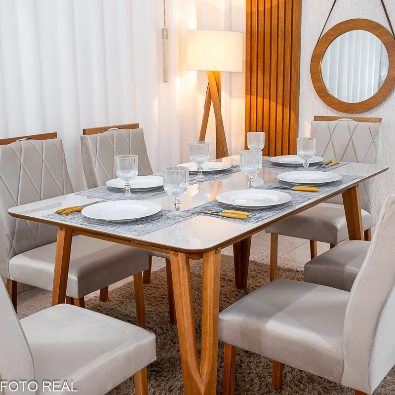 Mesa de Jantar Siena 160x90 Vidro Off/Base Madeira + 6 Cad. Lisboa Veludo Bege 512 Madeira Art Assento - Entregue Montada - Imagem 2