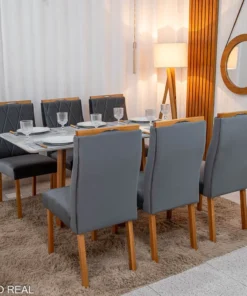 Mesa de Jantar Pedro 160x80 Vidro Off/Base Madeira + 6 Cad. Lisboa Veludo Cinza 507 Madeira Art Assento - Entregue Montada