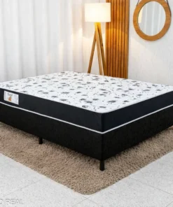 Box Casal Sued Preto Ortobel + Colchão Casal Santé 100% Espuma D33 Altura 20 Nosso Sonho - 138x188x57 | Suporta até 240kg