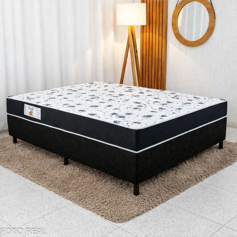 Box Casal Sued Preto Ortobel + Colchão Casal Santé 100% Espuma D33 Altura 20 Nosso Sonho - 138x188x57 | Suporta até 240kg