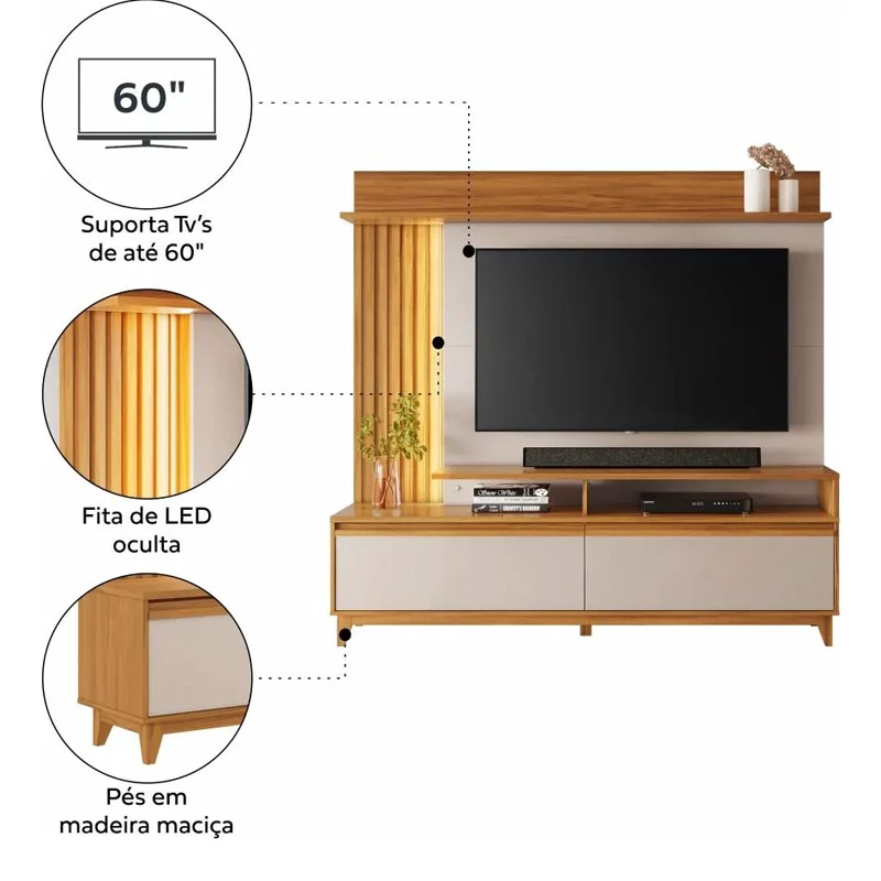 Home NT 1400 Freijó/Off C/Detalhe Ripado e LED para TV's até 60 Polegadas Larg. 1.83m - Notável - Imagem 3