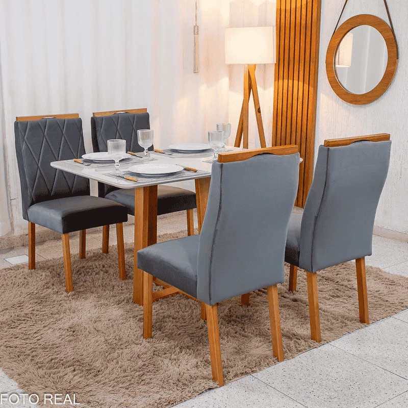 Mesa Bali 120×80 Vidro Off/Base Madeira - Minas Plac + 4 Cad. Lisboa Veludo Cinza 507 Madeira Art Assento - Entregue Montada