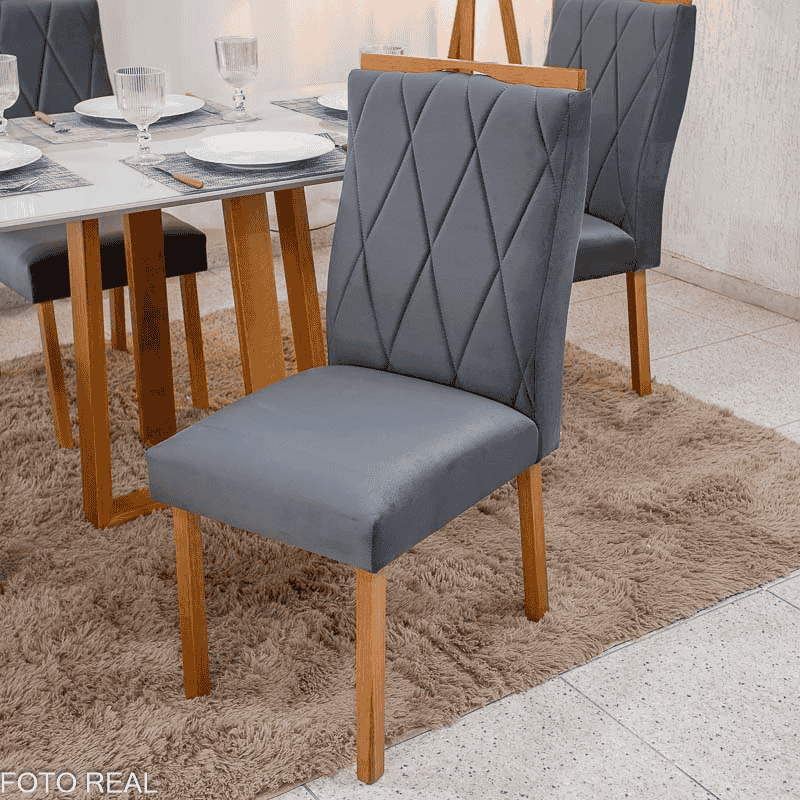 Mesa Bali 120×80 Vidro Off/Base Madeira - Minas Plac + 4 Cad. Lisboa Veludo Cinza 507 Madeira Art Assento - Entregue Montada - Imagem 2