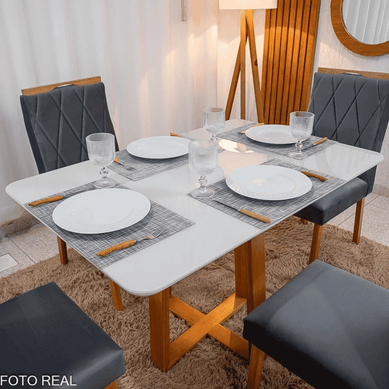 Mesa Bali 120×80 Vidro Off/Base Madeira - Minas Plac + 4 Cad. Lisboa Veludo Cinza 507 Madeira Art Assento - Entregue Montada - Imagem 4