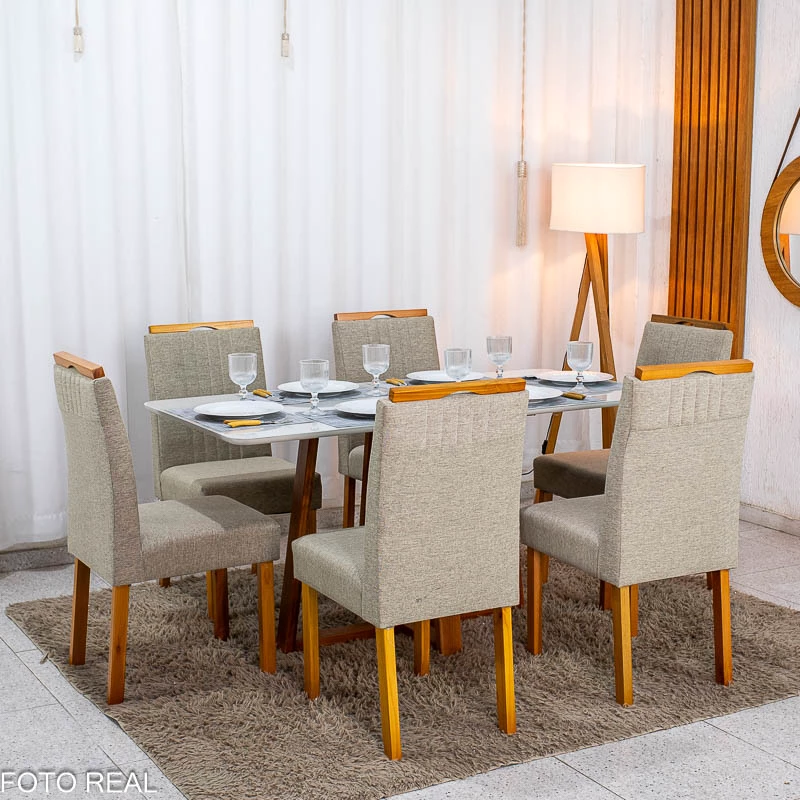 Mesa de Jantar Bali 160×80 Vidro Off/Base Madeira + 6 Cad. Atlanta Linho Bege Cru Madeira Minas Plac - Entregue Montada - Imagem 4