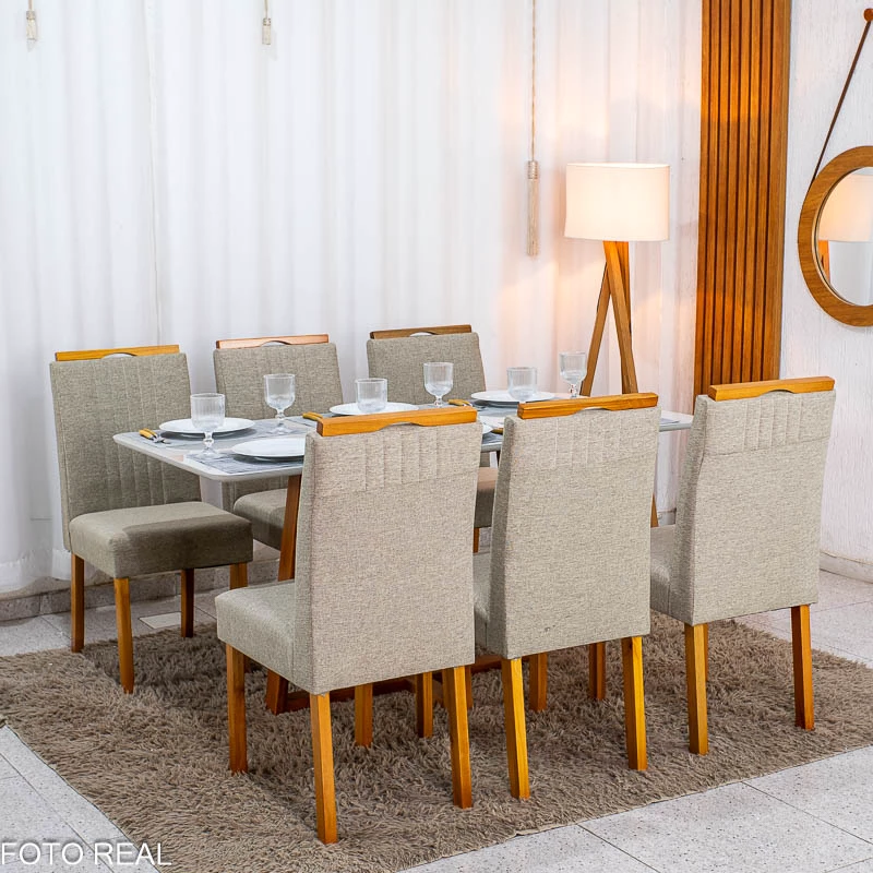 Mesa de Jantar Bali 160×80 Vidro Off/Base Madeira + 6 Cad. Atlanta Linho Bege Cru Madeira Minas Plac - Entregue Montada - Imagem 3