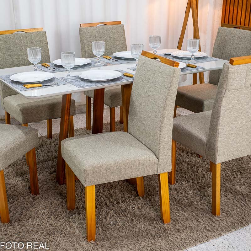 Mesa de Jantar Bali 160×80 Vidro Off/Base Madeira + 6 Cad. Atlanta Linho Bege Cru Madeira Minas Plac - Entregue Montada - Imagem 2