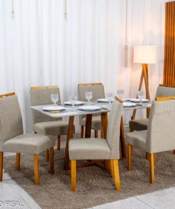 Mesa de Jantar Bali 160×80 Vidro Off/Base Madeira + 6 Cad. Atlanta Linho Bege Cru Madeira Minas Plac - Entregue Montada
