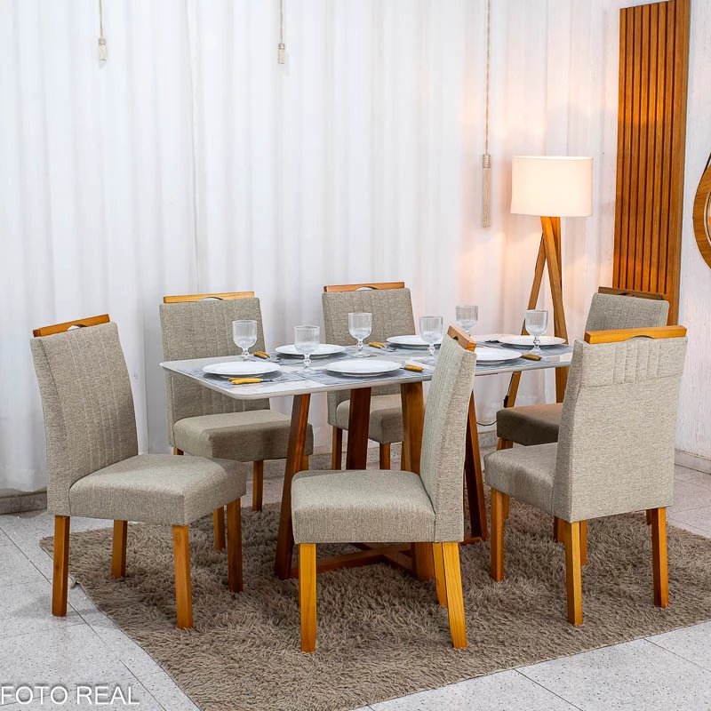 Mesa de Jantar Bali 160×80 Vidro Off/Base Madeira + 6 Cad. Atlanta Linho Bege Cru Madeira Minas Plac - Entregue Montada