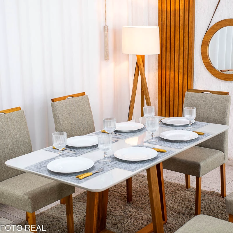 Mesa de Jantar Bali 160×80 Vidro Off/Base Madeira + 6 Cad. Atlanta Linho Bege Cru Madeira Minas Plac - Entregue Montada - Imagem 5