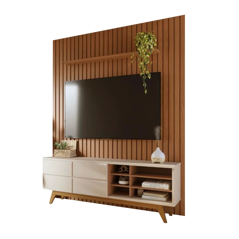 Painel Ripado Niágara Larg. 1.95m Freijó + Bancada Noronha Larg. 1.80m Off/Freijó | para TV até 82" - Colibri - Imagem 8