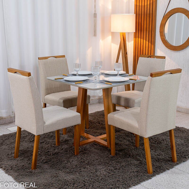 Mesa de Jantar Bali 90×90 Vidro Off/Base Madeira Minas Plac + 4 Cad. Isabela Linho Bege 01 Madeira KM Decor - Entregue Montada - Imagem 6