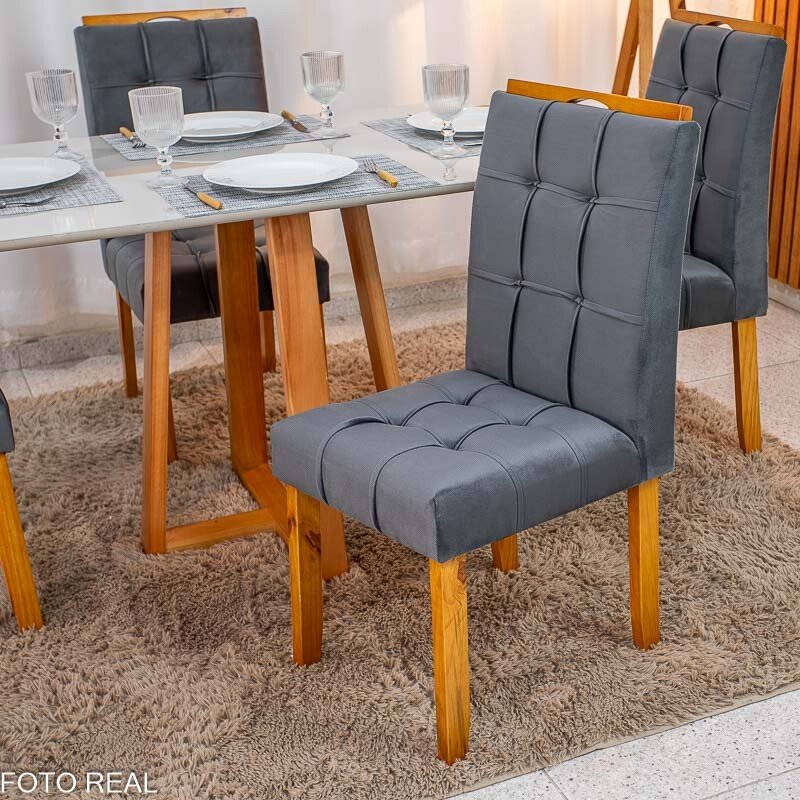Mesa de Jantar Bali 120×80 Vidro Off/Base Madeira + 4 Cad. Londres Veludo Chumbo Madeira Minas Plac - Entregue Montada - Imagem 12