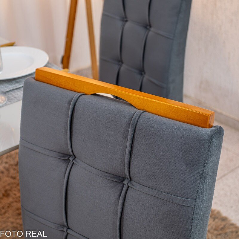 Mesa de Jantar Bali 120×80 Vidro Off/Base Madeira + 4 Cad. Londres Veludo Chumbo Madeira Minas Plac - Entregue Montada - Imagem 16