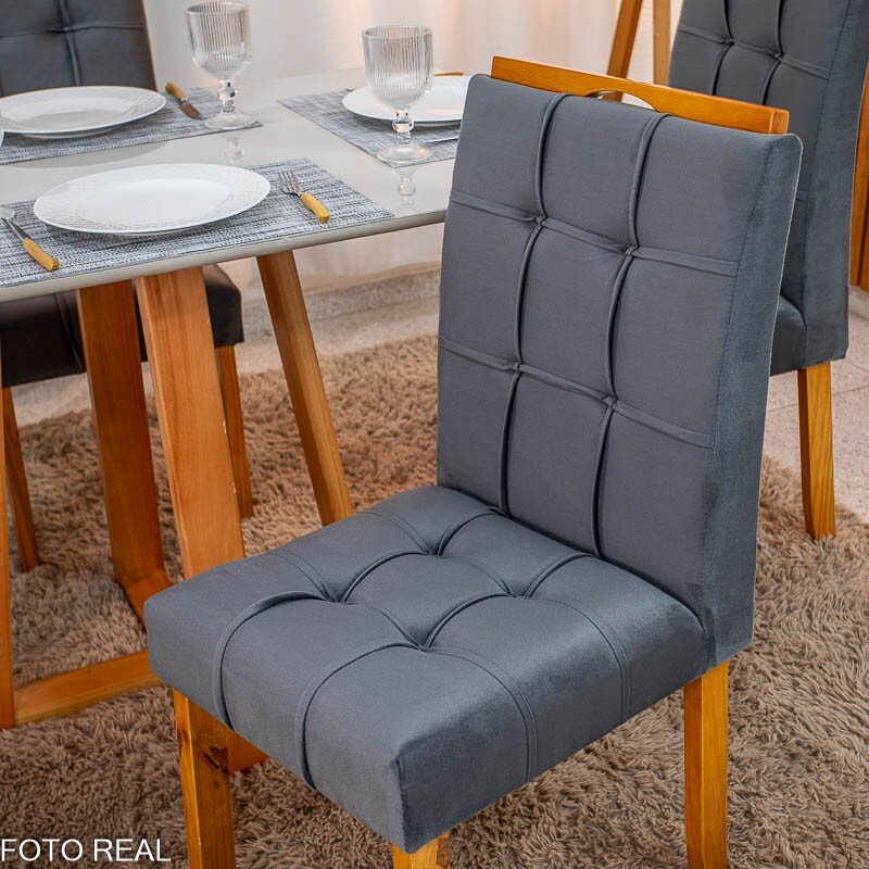 Mesa de Jantar Bali 120×80 Vidro Off/Base Madeira + 4 Cad. Londres Veludo Chumbo Madeira Minas Plac - Entregue Montada - Imagem 14