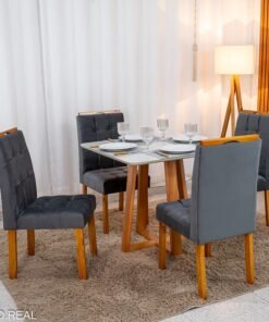 Mesa de Jantar Bali 90×90 Vidro Off/Base Madeira + 4 Cad. Londres Veludo Chumbo Madeira Minas Plac - Entregue Montada