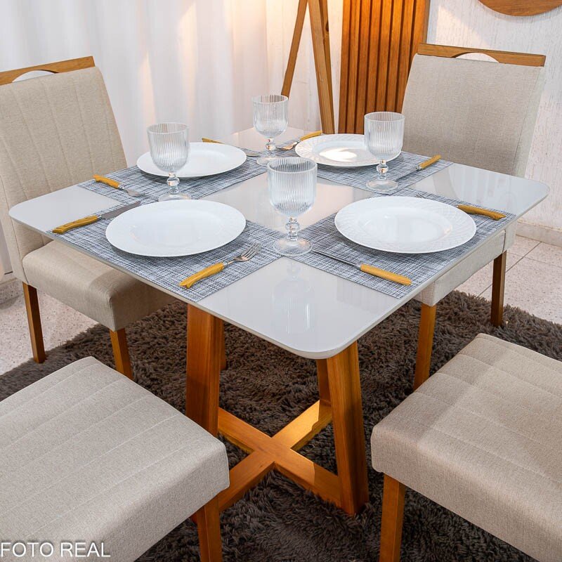Mesa de Jantar Bali 90×90 Vidro Off/Base Madeira Minas Plac + 4 Cad. Isabela Linho Bege 01 Madeira KM Decor - Entregue Montada - Imagem 4