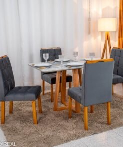 Mesa de Jantar Bali 120×80 Vidro Off/Base Madeira + 4 Cad. Londres Veludo Chumbo Madeira Minas Plac - Entregue Montada