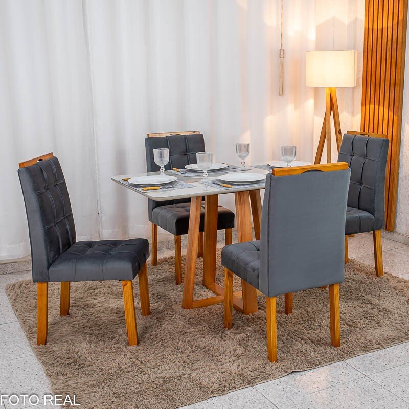 Mesa de Jantar Bali 120×80 Vidro Off/Base Madeira + 4 Cad. Londres Veludo Chumbo Madeira Minas Plac - Entregue Montada