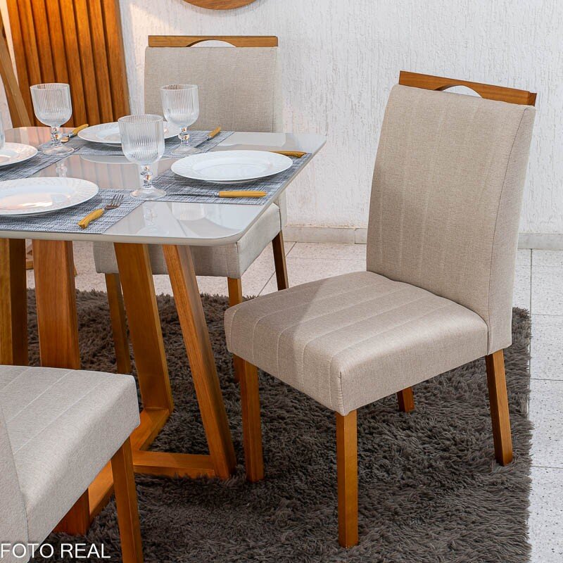 Mesa de Jantar Bali 90×90 Vidro Off/Base Madeira Minas Plac + 4 Cad. Isabela Linho Bege 01 Madeira KM Decor - Entregue Montada - Imagem 8