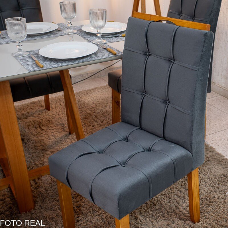 Mesa de Jantar Bali 160×80 Vidro Off/Base Madeira + 6 Cad. Londres Veludo Chumbo Madeira Minas Plac - Entregue Montada - Imagem 12