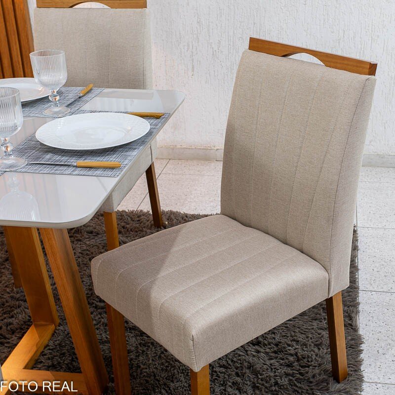 Mesa de Jantar Bali 90×90 Vidro Off/Base Madeira Minas Plac + 4 Cad. Isabela Linho Bege 01 Madeira KM Decor - Entregue Montada - Imagem 10