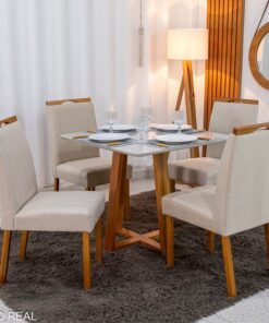 Mesa de Jantar Bali 90×90 Vidro Off/Base Madeira Minas Plac + 4 Cad. Isabela Linho Bege 01 Madeira KM Decor - Entregue Montada