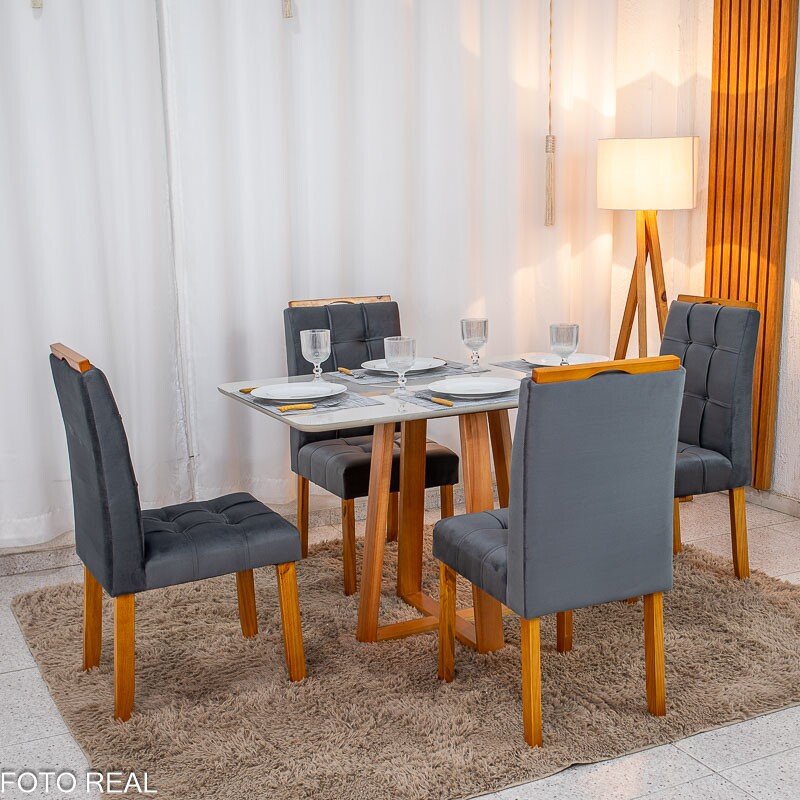 Mesa de Jantar Bali 120×80 Vidro Off/Base Madeira + 4 Cad. Londres Veludo Chumbo Madeira Minas Plac - Entregue Montada - Imagem 8