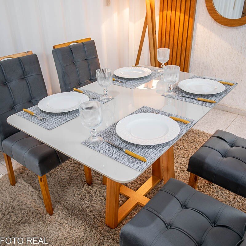 Mesa de Jantar Bali 120×80 Vidro Off/Base Madeira + 4 Cad. Londres Veludo Chumbo Madeira Minas Plac - Entregue Montada - Imagem 4