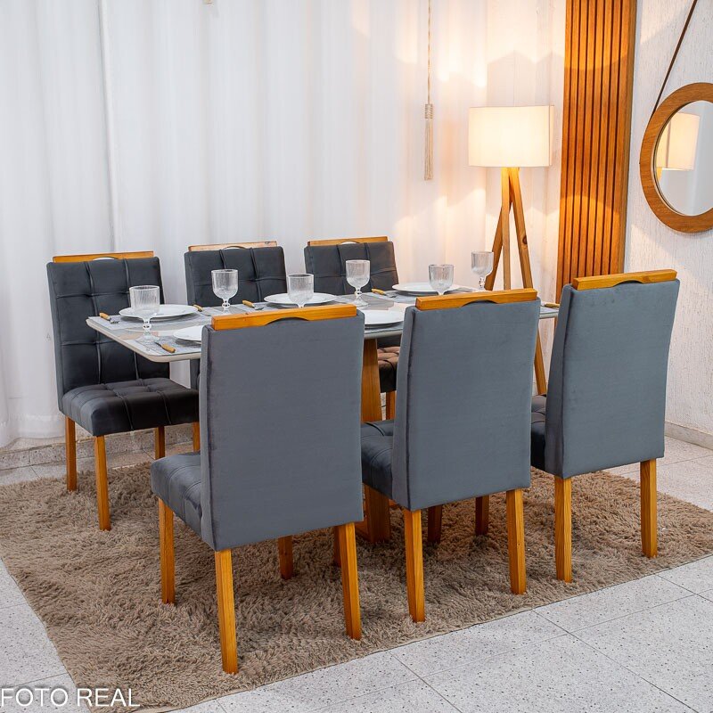 Mesa de Jantar Bali 160×80 Vidro Off/Base Madeira + 6 Cad. Londres Veludo Chumbo Madeira Minas Plac - Entregue Montada - Imagem 6