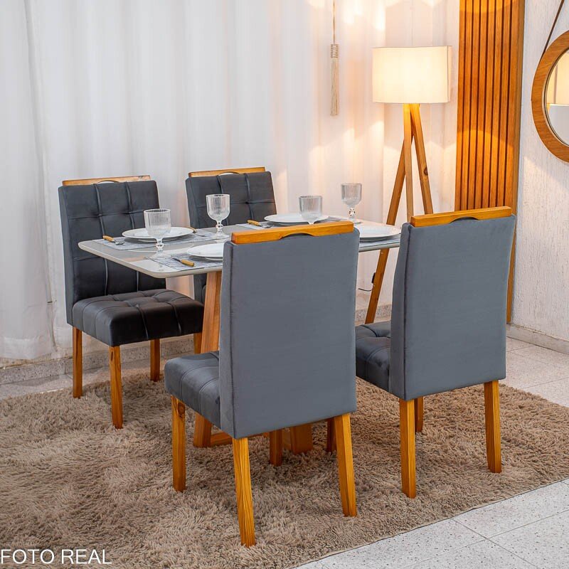 Mesa de Jantar Bali 120×80 Vidro Off/Base Madeira + 4 Cad. Londres Veludo Chumbo Madeira Minas Plac - Entregue Montada - Imagem 6