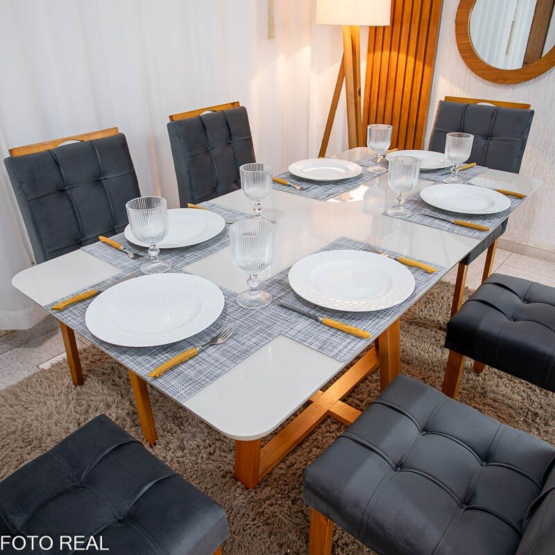 Mesa de Jantar Bali 160×80 Vidro Off/Base Madeira + 6 Cad. Londres Veludo Chumbo Madeira Minas Plac - Entregue Montada - Imagem 4
