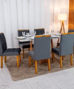 Mesa de Jantar Bali 160×80 Vidro Off/Base Madeira + 6 Cad. Londres Veludo Chumbo Madeira Minas Plac - Entregue Montada