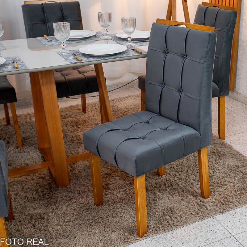 Mesa de Jantar Bali 160×80 Vidro Off/Base Madeira + 6 Cad. Londres Veludo Chumbo Madeira Minas Plac - Entregue Montada - Imagem 10