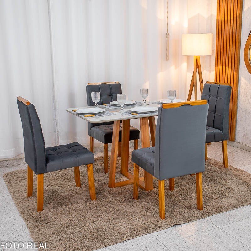 Mesa de Jantar Bali 120×80 Vidro Off/Base Madeira + 4 Cad. Londres Veludo Chumbo Madeira Minas Plac - Entregue Montada - Imagem 10