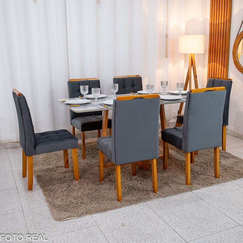 Mesa de Jantar Bali 160×80 Vidro Off/Base Madeira + 6 Cad. Londres Veludo Chumbo Madeira Minas Plac - Entregue Montada - Imagem 8