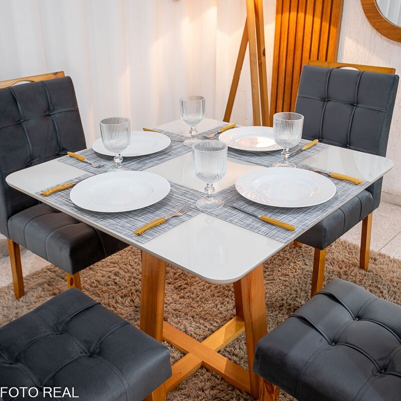 Mesa de Jantar Bali 90×90 Vidro Off/Base Madeira + 4 Cad. Londres Veludo Chumbo Madeira Minas Plac - Entregue Montada - Imagem 4
