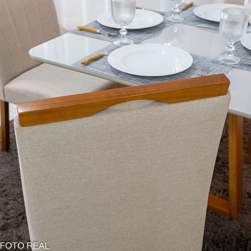 Mesa de Jantar Bali 90×90 Vidro Off/Base Madeira Minas Plac + 4 Cad. Isabela Linho Bege 01 Madeira KM Decor - Entregue Montada - Imagem 12