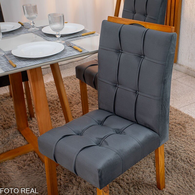 Mesa de Jantar Bali 90×90 Vidro Off/Base Madeira + 4 Cad. Londres Veludo Chumbo Madeira Minas Plac - Entregue Montada - Imagem 10