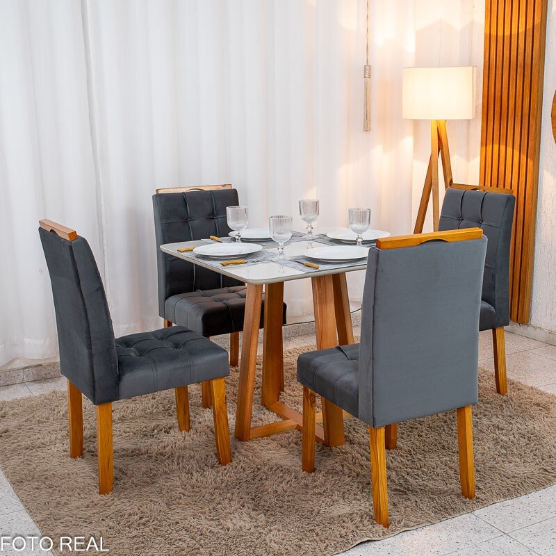 Mesa de Jantar Bali 90×90 Vidro Off/Base Madeira + 4 Cad. Londres Veludo Chumbo Madeira Minas Plac - Entregue Montada - Imagem 6
