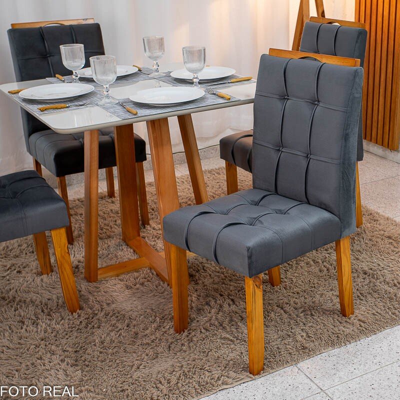 Mesa de Jantar Bali 90×90 Vidro Off/Base Madeira + 4 Cad. Londres Veludo Chumbo Madeira Minas Plac - Entregue Montada - Imagem 8