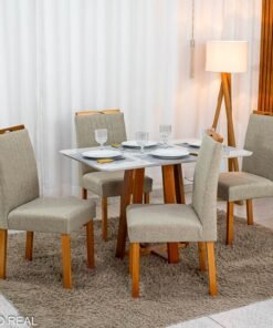 Mesa de Jantar Bali 120×80 Vidro Off/Base Madeira + 4 Cad. Atlanta Linho Bege Cru Madeira Minas Plac - Entregue Montada