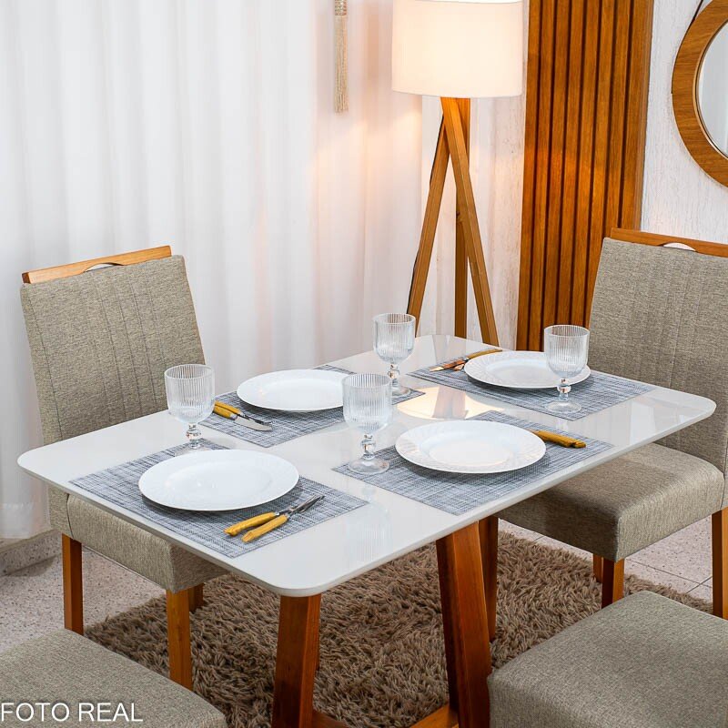 Mesa de Jantar Bali 120×80 Vidro Off/Base Madeira + 4 Cad. Atlanta Linho Bege Cru Madeira Minas Plac - Entregue Montada - Imagem 4