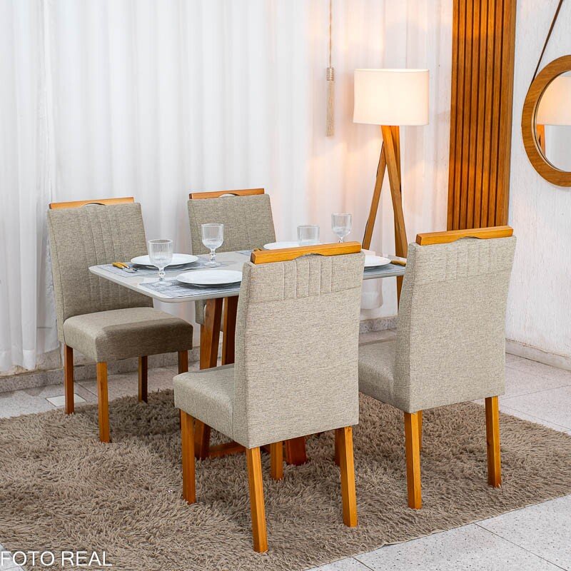 Mesa de Jantar Bali 120×80 Vidro Off/Base Madeira + 4 Cad. Atlanta Linho Bege Cru Madeira Minas Plac - Entregue Montada - Imagem 6