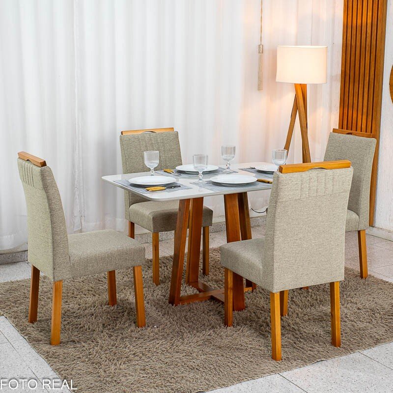 Mesa de Jantar Bali 120×80 Vidro Off/Base Madeira + 4 Cad. Atlanta Linho Bege Cru Madeira Minas Plac - Entregue Montada - Imagem 8