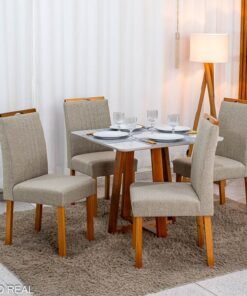 Mesa de Jantar Bali 90×90 Vidro Off/Base Madeira + 4 Cad. Atlanta Linho Bege Cru Madeira Minas Plac - Entregue Montada