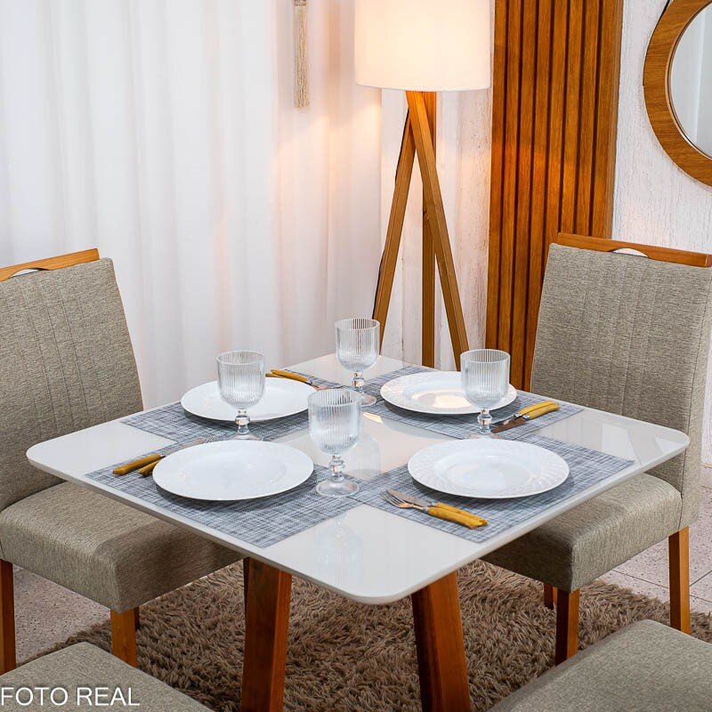 Mesa de Jantar Bali 90×90 Vidro Off/Base Madeira + 4 Cad. Atlanta Linho Bege Cru Madeira Minas Plac - Entregue Montada - Imagem 4