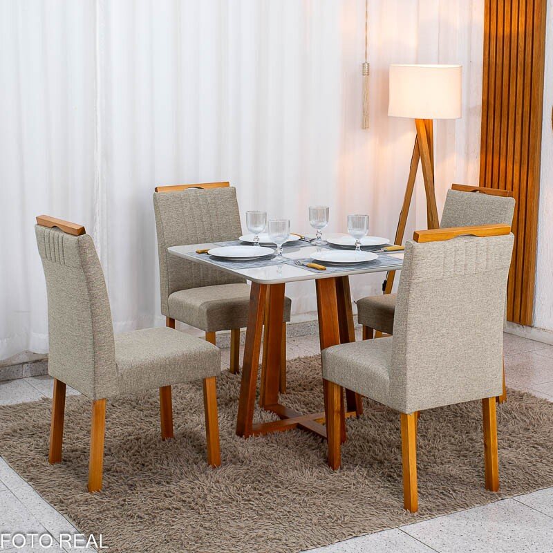 Mesa de Jantar Bali 90×90 Vidro Off/Base Madeira + 4 Cad. Atlanta Linho Bege Cru Madeira Minas Plac - Entregue Montada - Imagem 6